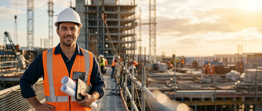 Professional construction engineer holding blueprints at sunrise site