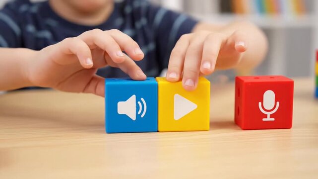 A child interacts with colorful sound toy blocks during playtime.
