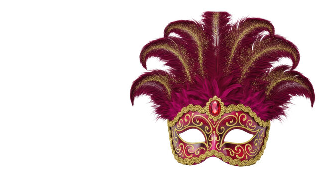 Lavish crimson venetian colombina mask isolated on white, adorned with intricate gold filigree, shimmering ostrich feathers, and a faceted ruby-like jewel, reflecting opulent masquerade culture