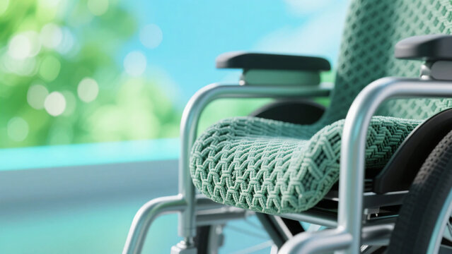 緑色の編み込まれた厚手の布地を座面と背もたれに使用した車椅子のクローズアップ画像