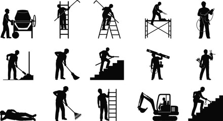 Construction worker silhouettes collection with ladder scaffolding cement mixer excavator and manual labor tools building maintenance and industrial workforce concept isolated background