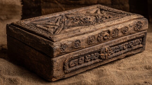 Ornate antique wooden carved box with detailed ancient patterns