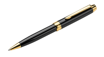 Naklejka premium A flawless, luxurious ballpoint pen featuring polished black lacquer and gold-plated accents, isolated diagonally on a transparent background, concept of luxury writing instrument