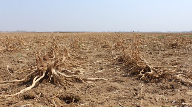 Dry Fallow Field with Exposed Roots and Sparse Vegetation