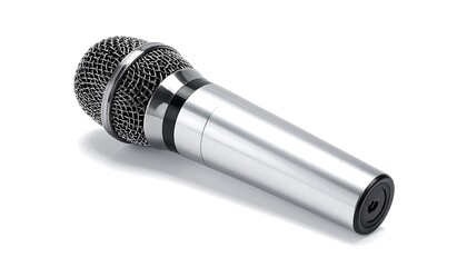 A close-up studio shot shows a sleek, professional-grade microphone, angled diagonally on a stark white background. The device features a metallic body and mesh head