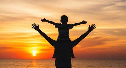 Fototapeta premium Father and son silhouettes on shoulders at sunset beach, family love and joy