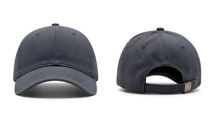 Obraz premium Two views of a plain, dark grey baseball cap, one from the front and one from the back, on a white background.