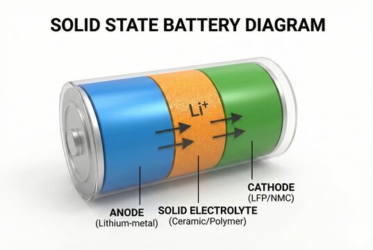 Cylindrical solid-state battery diagram showing lithium ion flow between anode and cathode layers