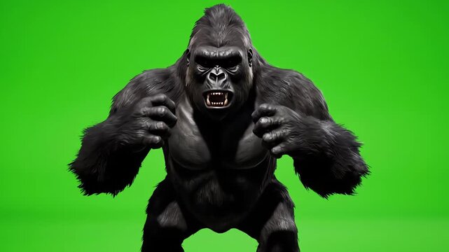 Furious angry gorilla roaring and beating chest aggressively on a vibrant green screen background