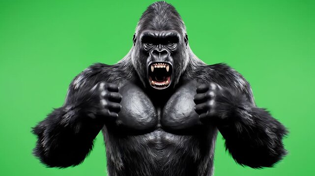 Fierce angry gorilla with powerful muscles roaring aggressively on a green screen background, showcasing primal strength