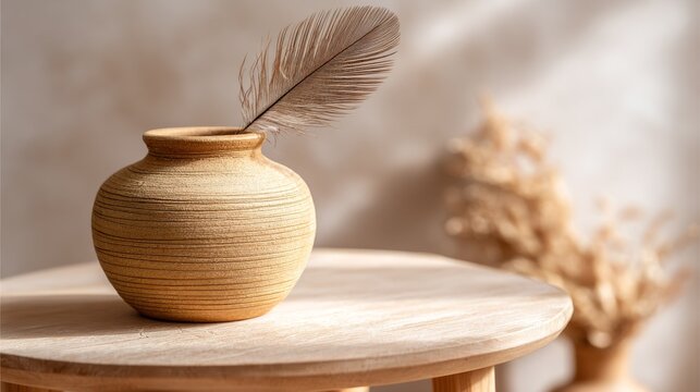 Textured ceramic vase holding a single feather on a wooden table