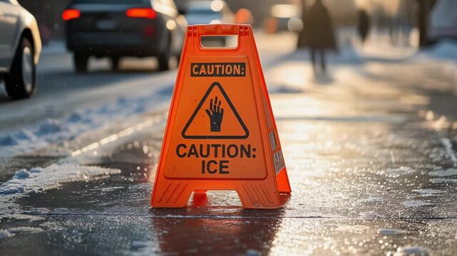 Bright orange caution sign warning about ice on slippery sidewalk in urban winter street scene