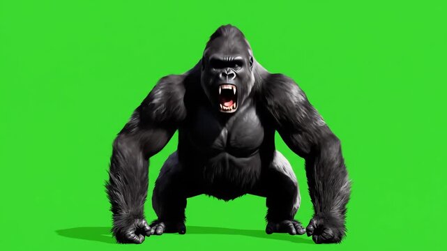 Powerful, muscular silverback gorilla displaying aggressive behavior and roaring on a green screen background