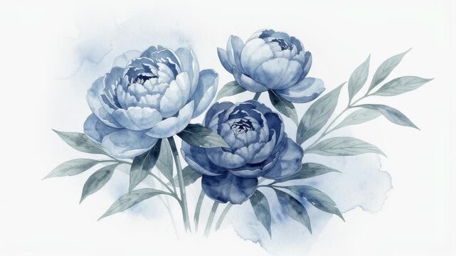 Elegant blue watercolor peonies with delicate leaves floral painting on white background