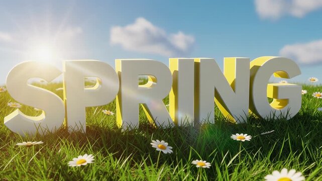 Bright spring season text on green grass field with blooming daisies under blue sky and sunshine