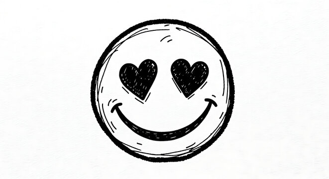 A hand-drawn black and white sketch of a smiley face with heart-shaped eyes, conveying a feeling of love or adoration.