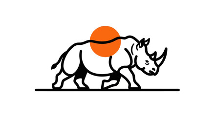 Stylized walking rhinoceros with orange sun illustration on white background © Ultrasjarna