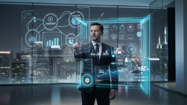 Businessman interacting with futuristic digital data charts and strategy analytics in modern office at night