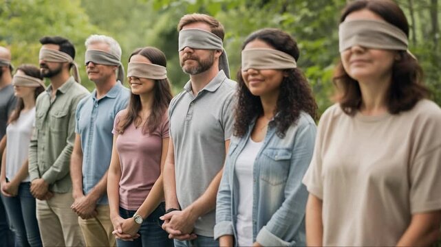 Group of diverse people blindfolded standing outdoors in teamwork trust exercise in nature