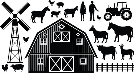 Farm agriculture silhouette set, barn windmill tractor farmer livestock animals rural farming icons isolated vector illustration collection design © PROTAP