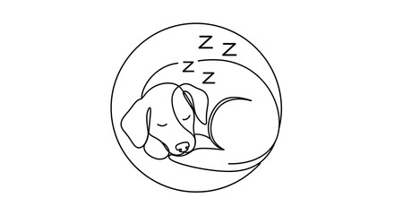 Obraz premium A minimalist line drawing of a dog sleeping peacefully curled up in a circle, with Z's indicating sleep.