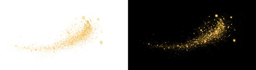 PNG image of A dazzling golden glitter dust trail, featuring sparkling particles and luminous bokeh effects, flowing elegantly on transparent background. © rehena