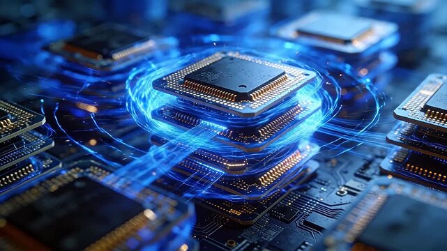 Stacked electronic chips with blue light circuit background