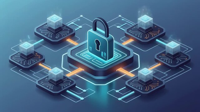 Secure blockchain network with digital lock and connected data nodes illustrating cybersecurity concept