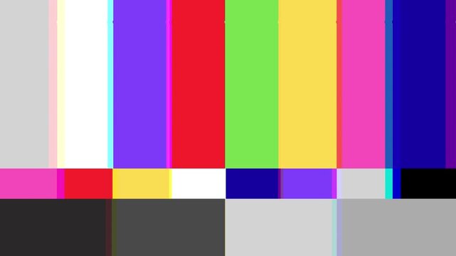 Retro television broadcast test pattern featuring vibrant vertical color bars and a grayscale static section, indicating signal loss or display calibration