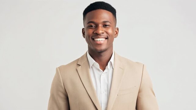 Happy young African American man in beige suit smiling confidently against white background