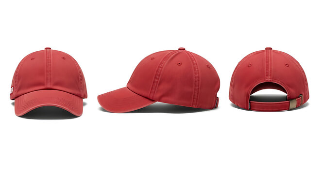 Three views of a classic red baseball cap, showcasing its front, side, and back profiles against a clean white background.