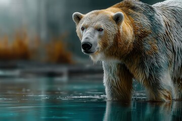 Fototapeta premium Realistic wildlife shot of polar bear standing on melting ice floe in deep blue sea under overcast light global warming concept.