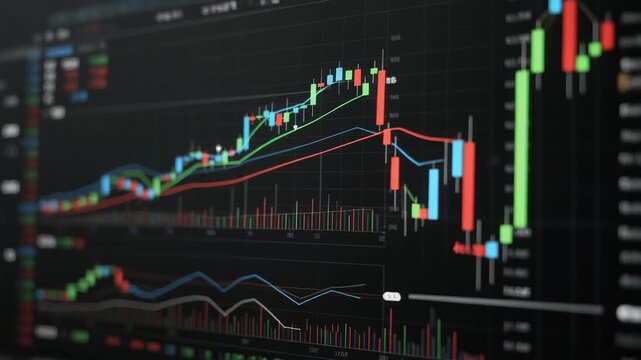 Stock market trading chart with candlestick patterns and financial data analysis on screen