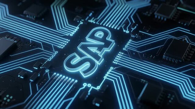 Futuristic glowing SAP logo on a high tech computer circuit board in blue light
