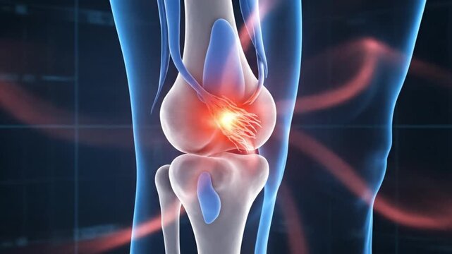 A medical illustration of a human knee joint with a highlighted painful area.