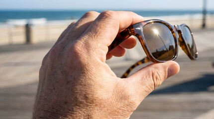Fototapeta premium A hand holding sunglasses on a boardwalk by the ocean on a sunny day with a clear blue sky