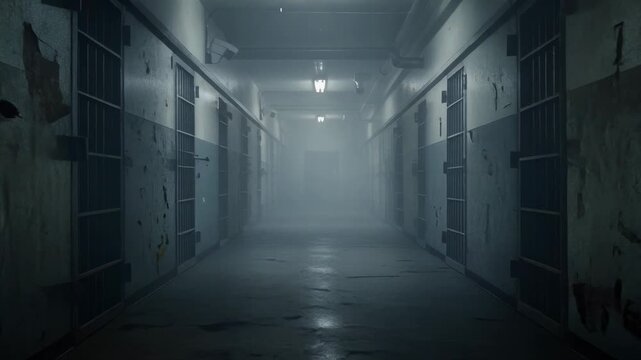 Dark eerie prison corridor with metal barred cells and dim overhead lighting in a foggy atmosphere