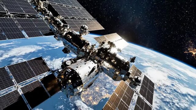 A space station orbits Earth with solar panels extended in space