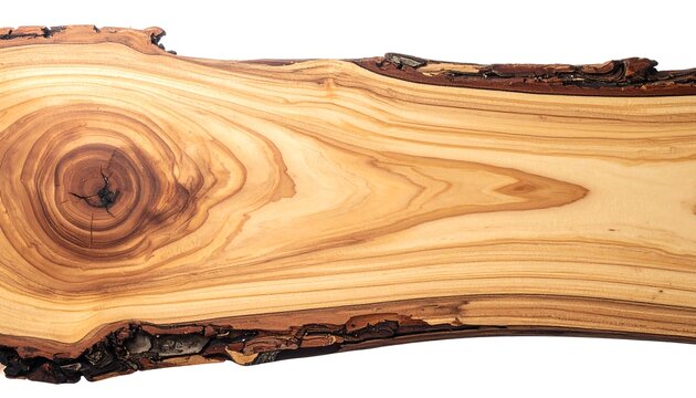 A close-up view of a natural, raw, wooden slab with intricate grain patterns and a knot detail. The edges retain the bark