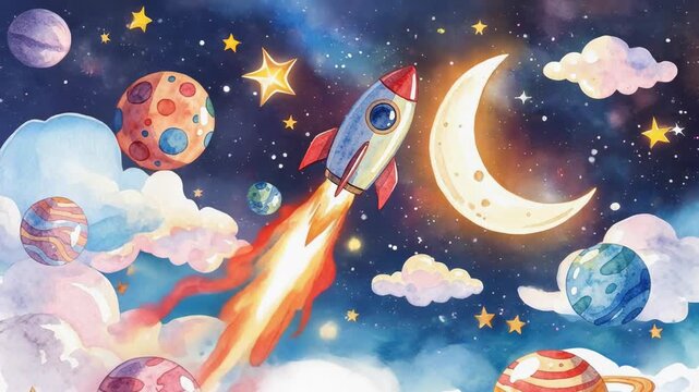 Colorful children's space illustration with rocket ship planets stars moon and clouds in night sky