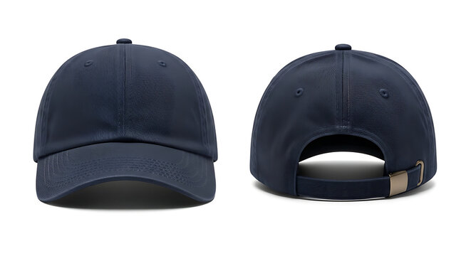 Front and back view of a plain navy blue baseball cap with an adjustable strap and metal buckle on a white background.