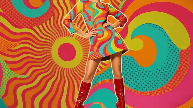 Vibrant retro fashion woman in colorful psychedelic dress and red boots with bold 1960s background art