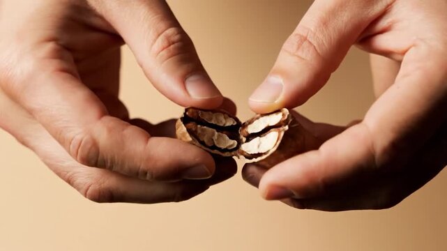 Hands cracking open a single nut to reveal its edible interior