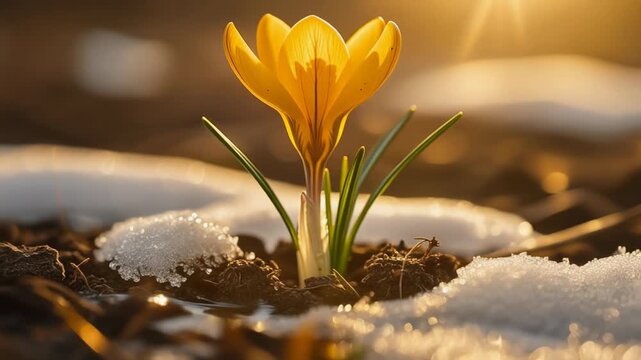 Yellow crocus flower blooming in early spring sunlight with melting snow on soil background