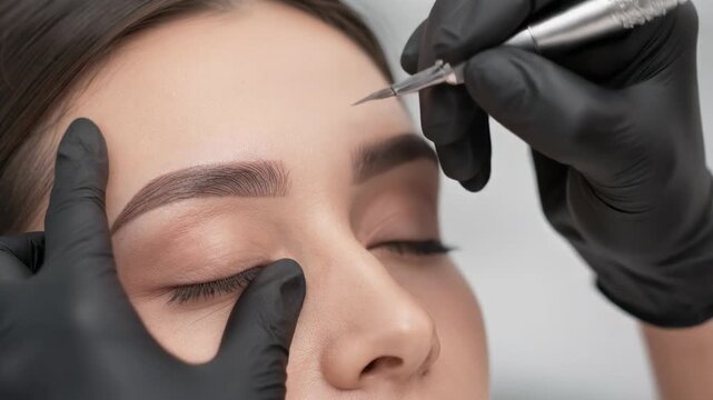 Close up of woman receiving professional eyebrow microblading beauty treatment with closed eyes
