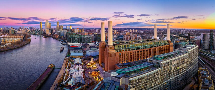 Christmas at Battersea Power Station panorama on River Thames, London UK