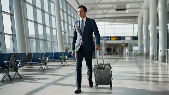 Businessman walking through modern airport terminal with suitcase ready for travel and business trip