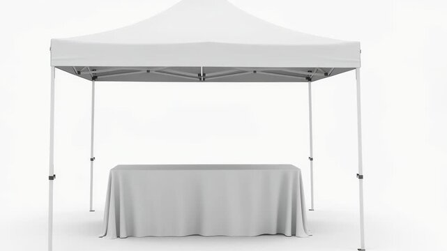 White event canopy tent with covered table on a plain background for outdoor market or party setup