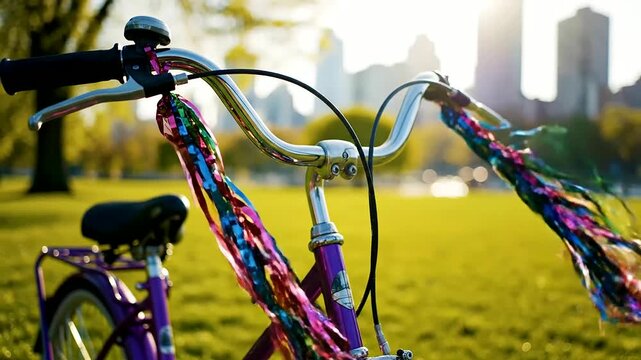 A dynamic close-up reveals a bicycle's colorful handlebar tassel blur, symbolizing the joyous spirit of kids summer adventures winding through a sun-drenched park with city views.