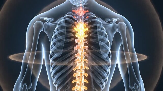 The human skeleton displays a glowing spine and ribcage from a front view